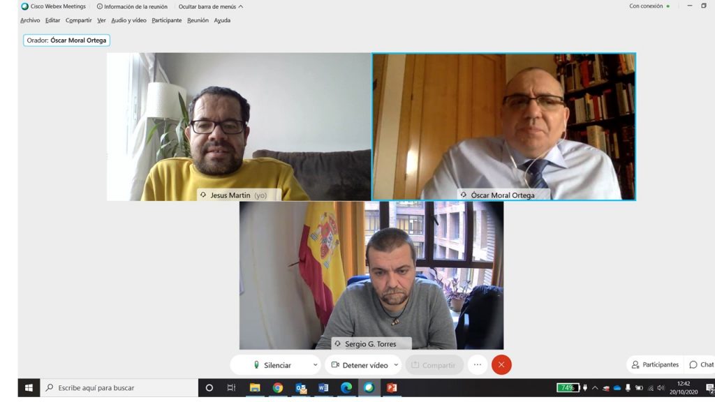Imagen de la reunión virtual entre Oscar Moral, Jesús Martín y Sergio G. Torres