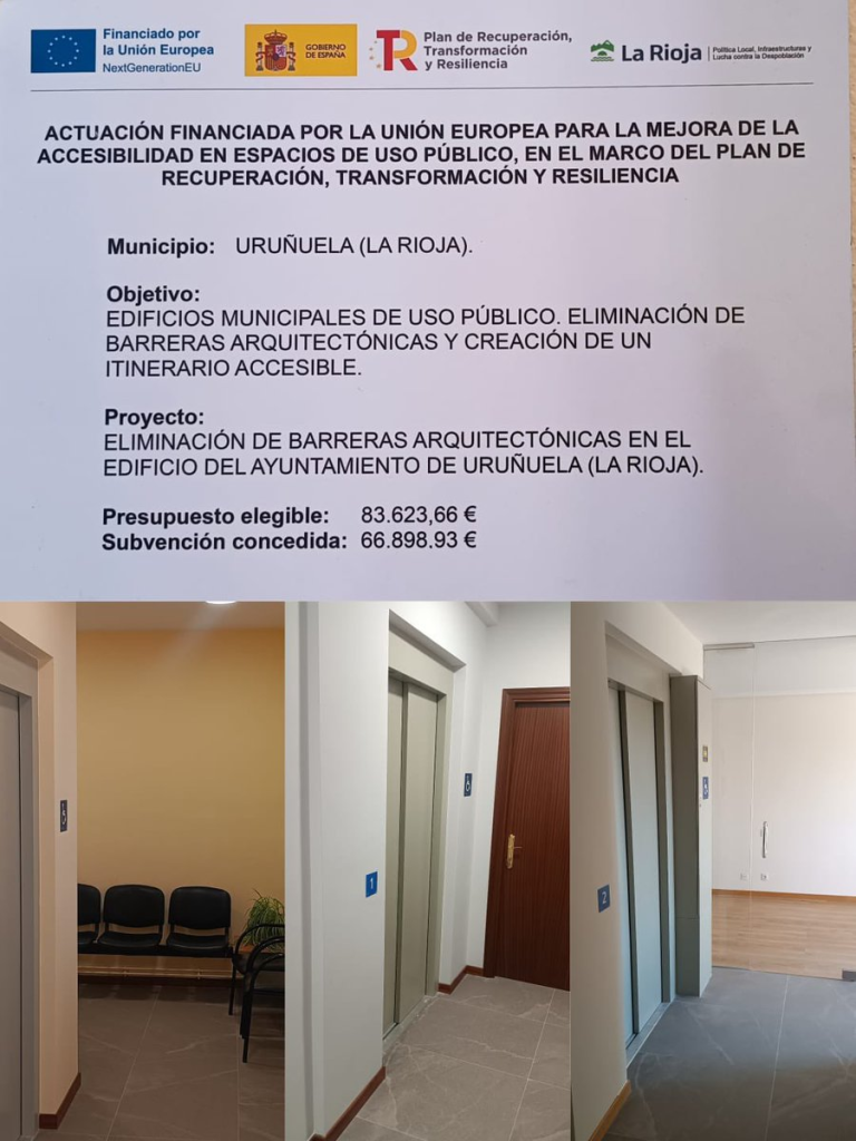 Imagen del cartel anunciador de la actuación de accesibilidad realizada en el Ayuntamiento de Uruñuela.