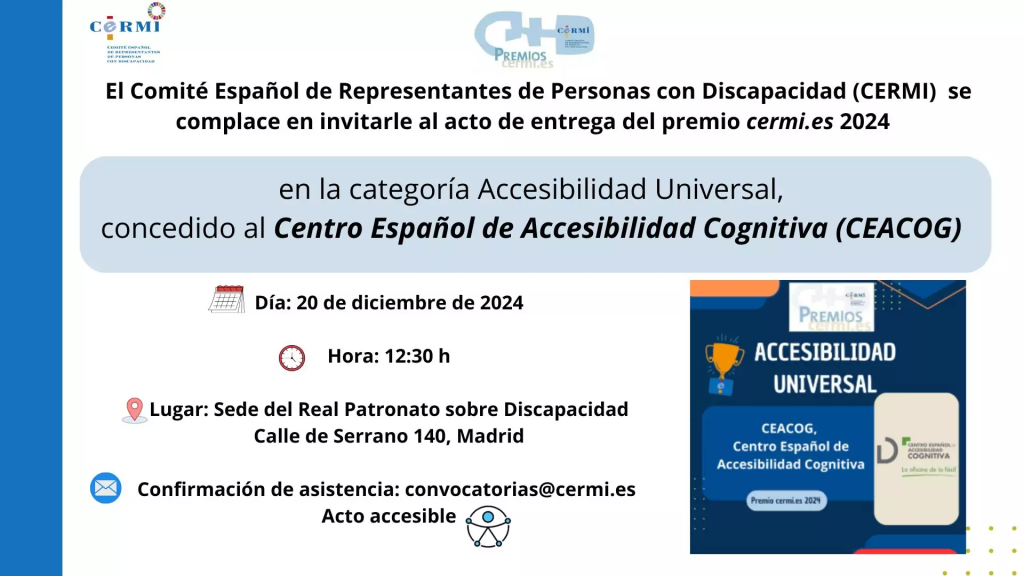 Invitación al acto de entrega del premio cermi.es 2024 al Centro Español de Accesibilidad Cognitiva (CEACOG)